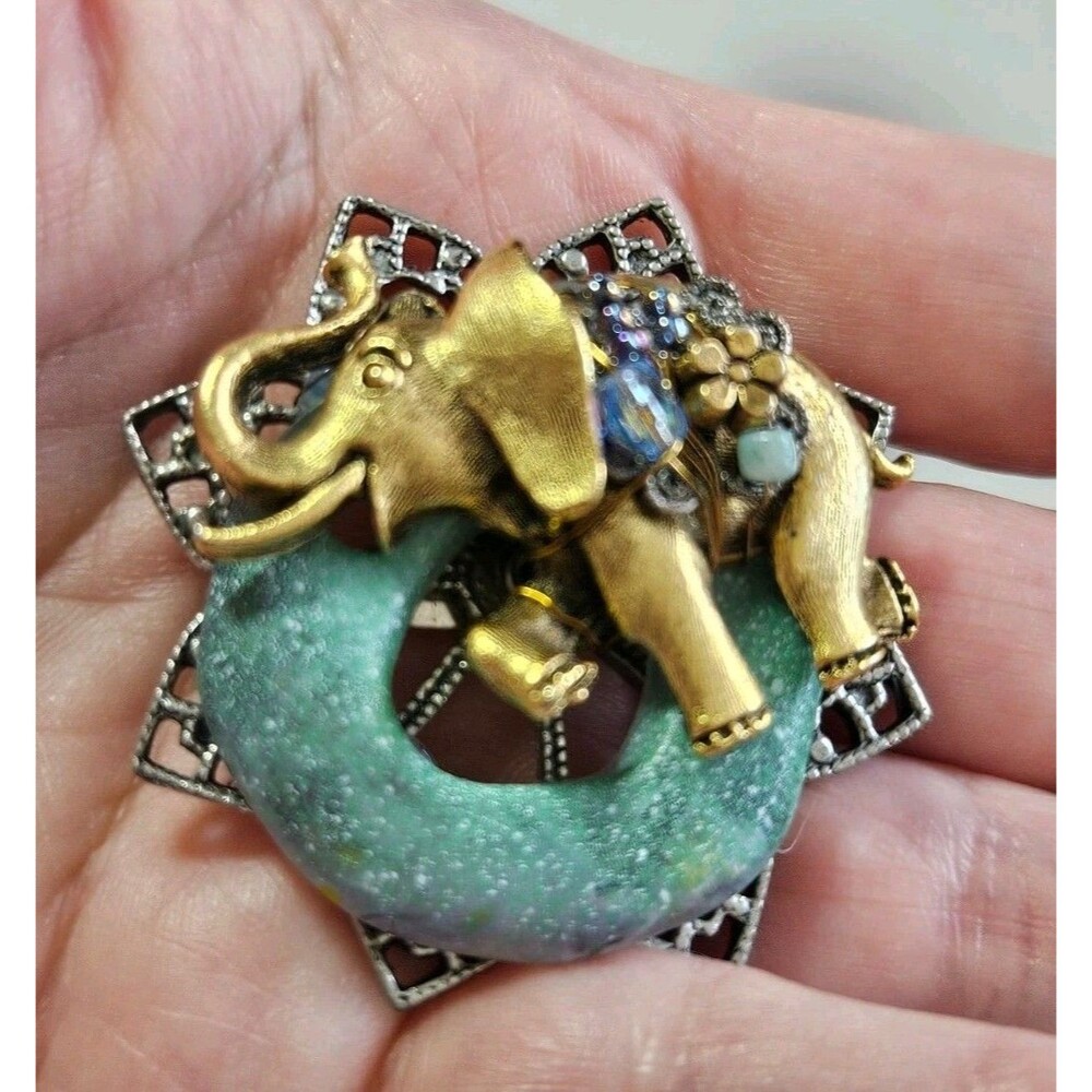 Cara Stimmel Ltd Vintage Gold Silver Tone Blue Elephant Brooch